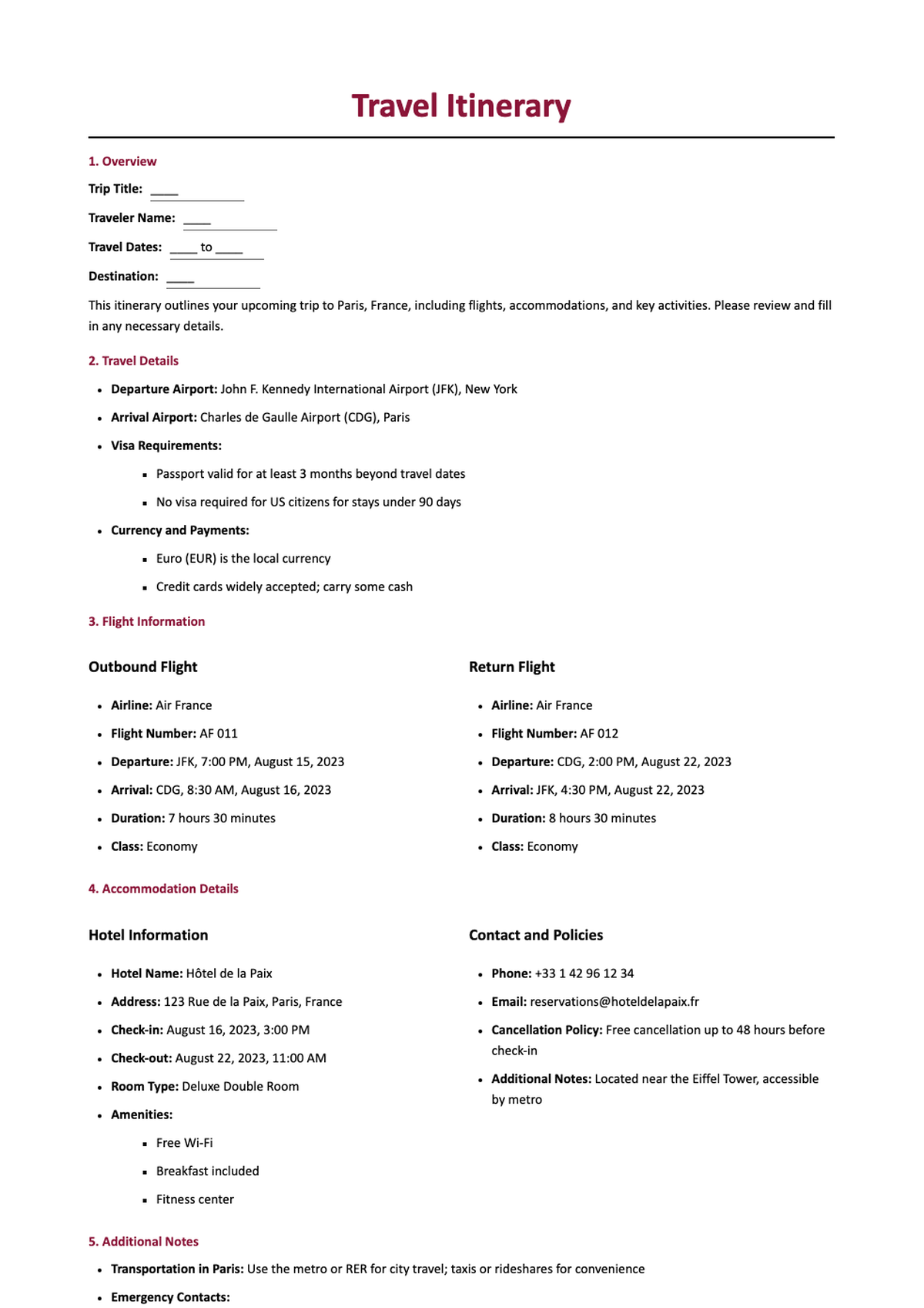 Trip itinerary template with travel details and flight accommodation fields_variant_2